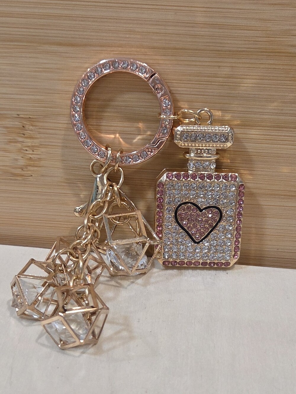 💖 Glam Rose Gold Rhinestone Perfume Bottle & Floating Crystal Keychain